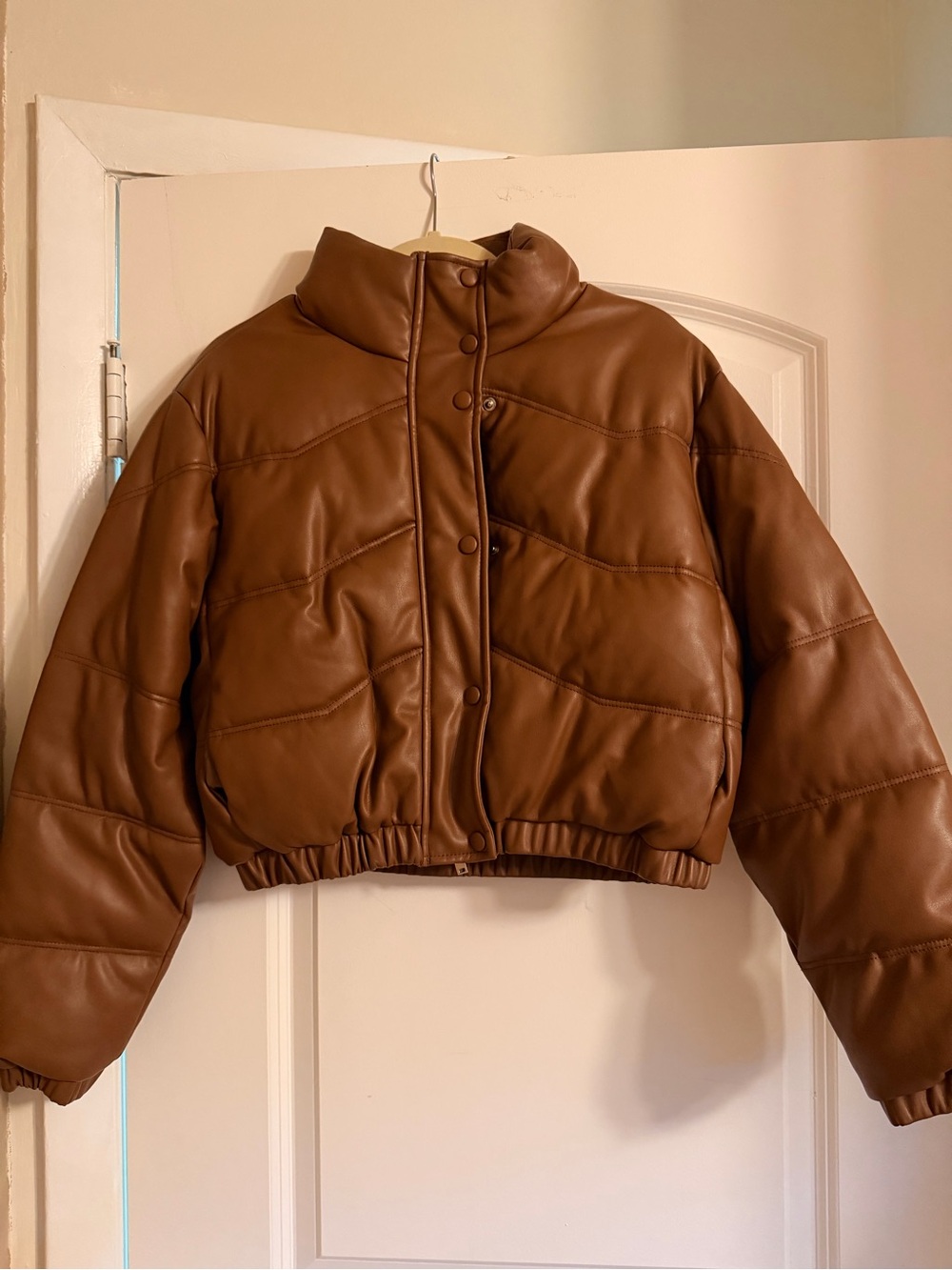 Forever 21 Cognac Brown Faux Leather Cropped Puffer Jacket